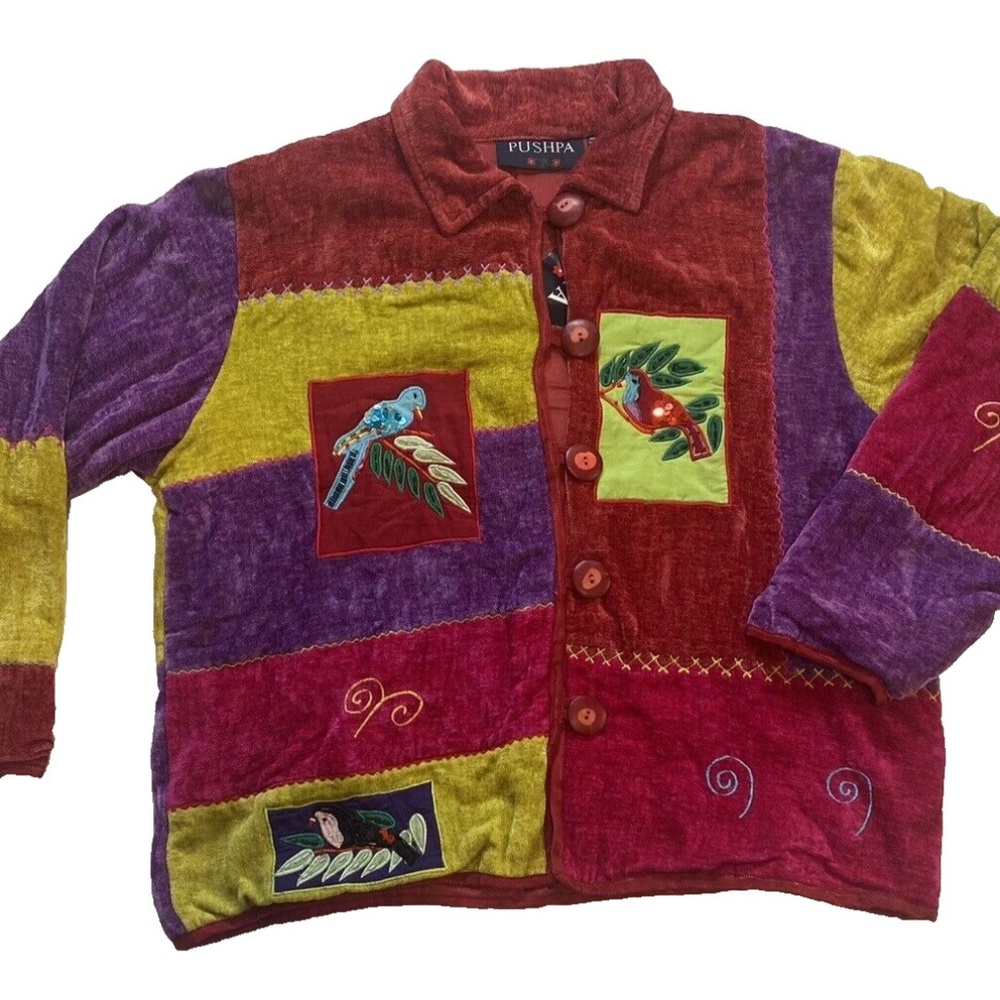 Pushpa Vintage Women Size L Color Block Button Jacket Patchwork Birds Sequin NWT
